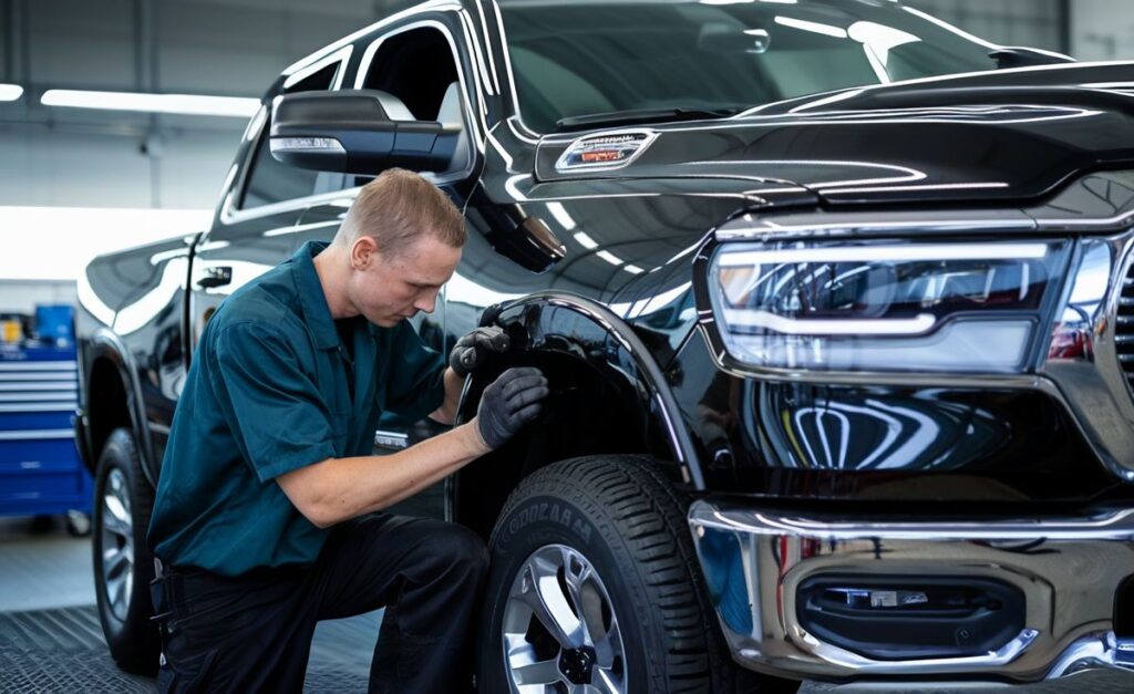 auto-body-technician doing a fender repair on a Dodge Truck Lorens Body Shop Bluffton IN (1) auto-body-technician fender-repair-on-a-Dodge-Truck collision services Lorens-Body-Shop-Bluffton-IN