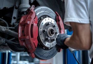 Mechanic working on brakes-Bluffton Auto Body
