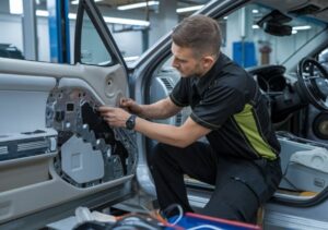 technician working on door panel-Marion Collision Shop