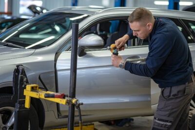 Auto body technician doing paintless dent repair-Lorens Body Shop Auto body technician doing paintless dent repair-Lorens Body Shop