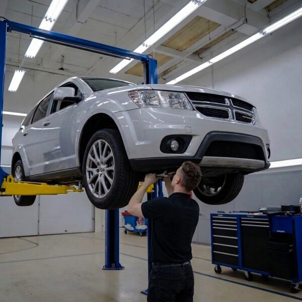 Technician Inspecting Dodge-Dodge collision repair Lorens body Shop