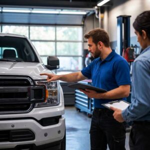 technician doing inspection for aluminum repairs on a white truck-aluminum repairs