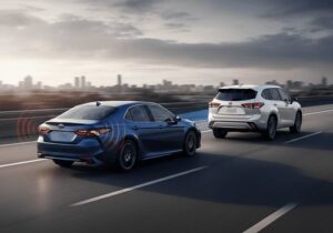 Blue and white Toyota's showing ADAS on highway-Auto Body Repair in Bluffton