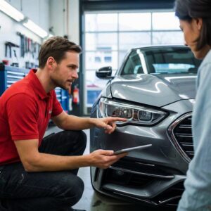 technician giving estimate to customer-Auto Body Repair in Bluffton Lorens Body Shop