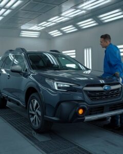 Subaru in paint booth with technician-Bluffton Collision Specialists Lorens Body Shop