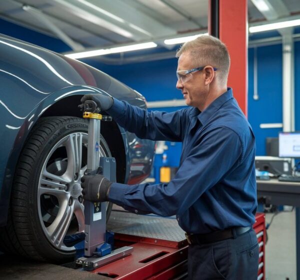 Technician doing wheel alignment-Body Shop Bluffton Lorens Body Shop